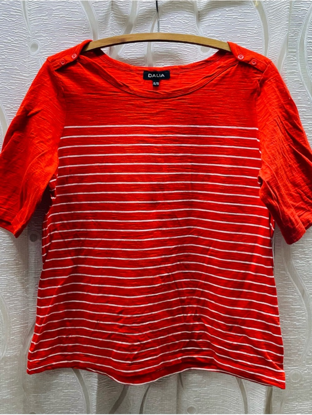 Dalia Striped T-Shirt Women XL Orange White Excellent Button Shoulder Cotton